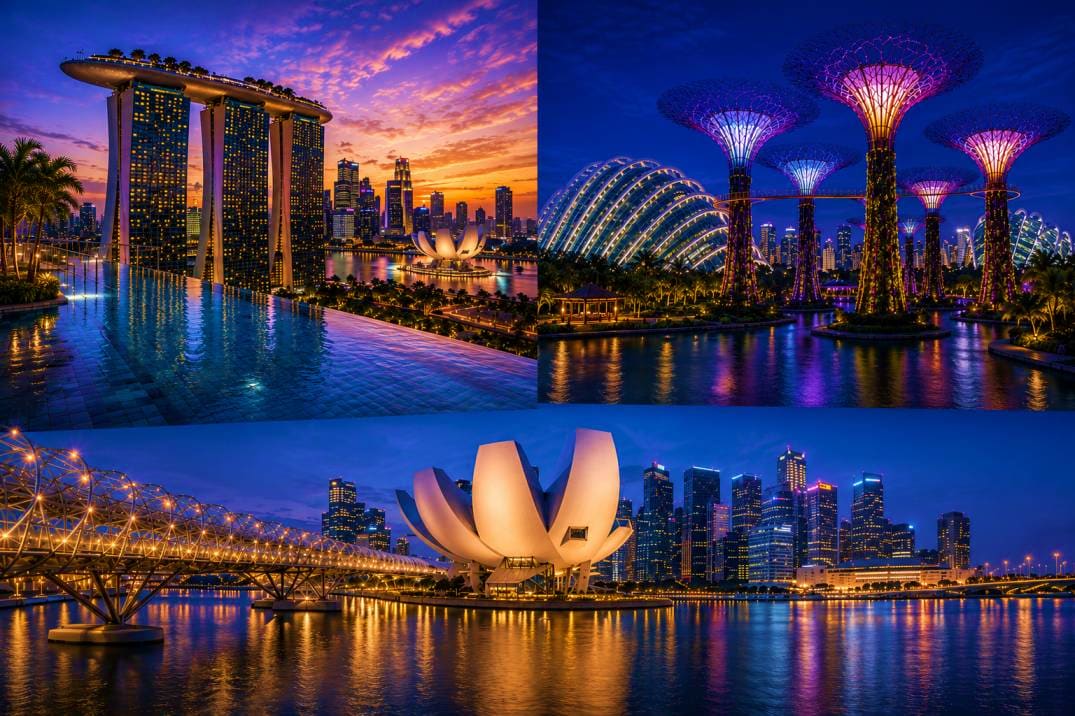 Marina Bay Sands hotel, Gardens by the Bay illuminated structures, and ArtScience Museum reflected in water at twilight in Si
